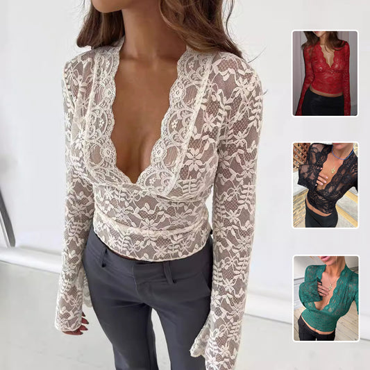Top a Maniche Lunghe in Pizzo Floreale - Slim Fit Y2K