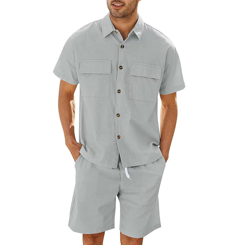 Completo Estivo Uomo - Camicia con Tasche e Shorts in Lino con Coulisse