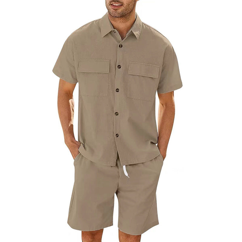 Completo Estivo Uomo - Camicia con Tasche e Shorts in Lino con Coulisse