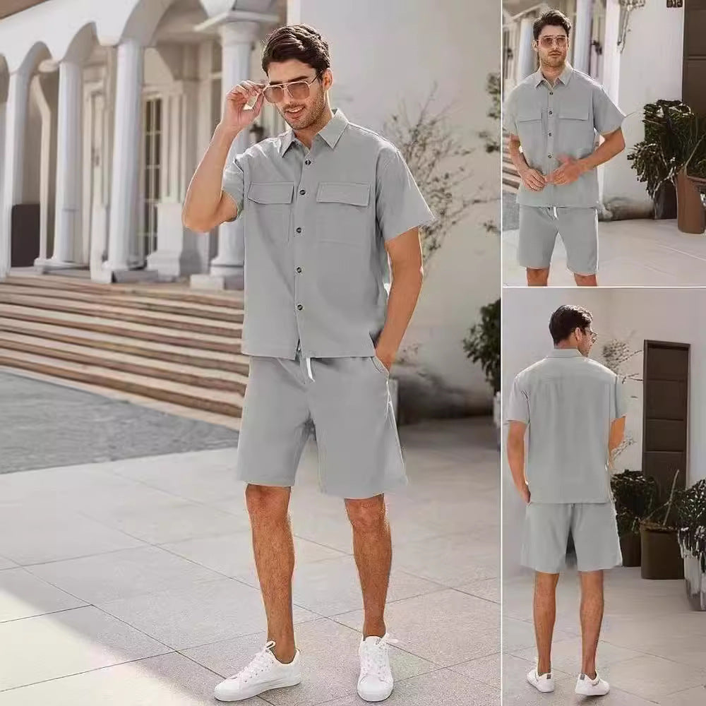 Completo Estivo Uomo - Camicia con Tasche e Shorts in Lino con Coulisse