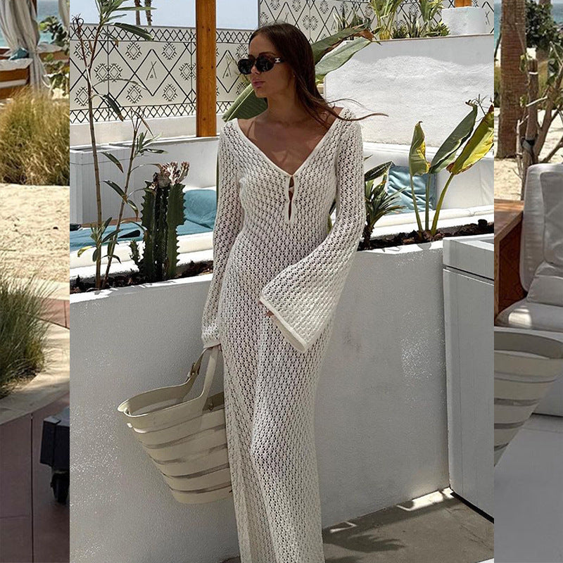 Abito da Spiaggia in Maglia Lavorata - Lungo e Sexy con Maniche Lunghe