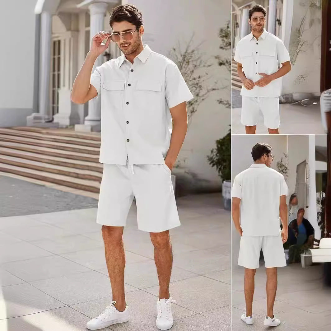 Completo Estivo Uomo - Camicia con Tasche e Shorts in Lino con Coulisse