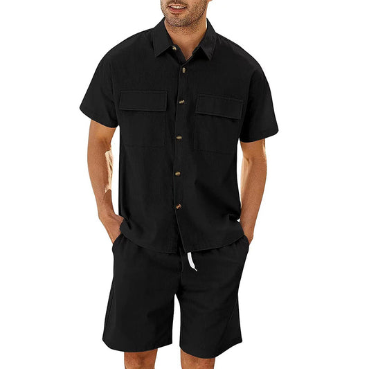 Completo Estivo Uomo - Camicia con Tasche e Shorts in Lino con Coulisse