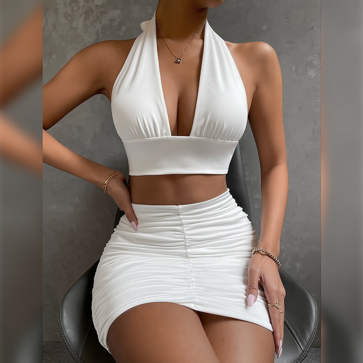 Completo 2 Pezzi Donna - Top Allacciato e Gonna a Pieghe