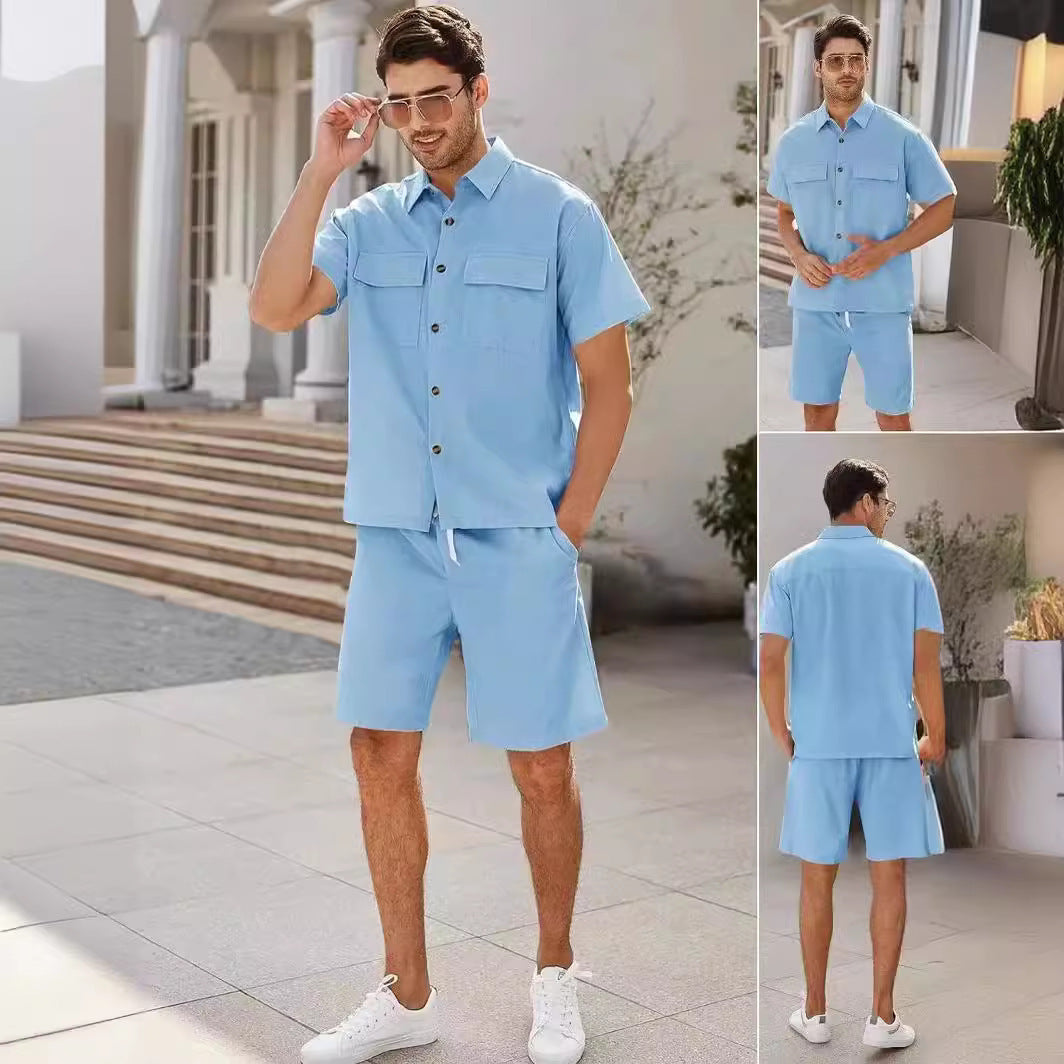 Completo Estivo Uomo - Camicia con Tasche e Shorts in Lino con Coulisse