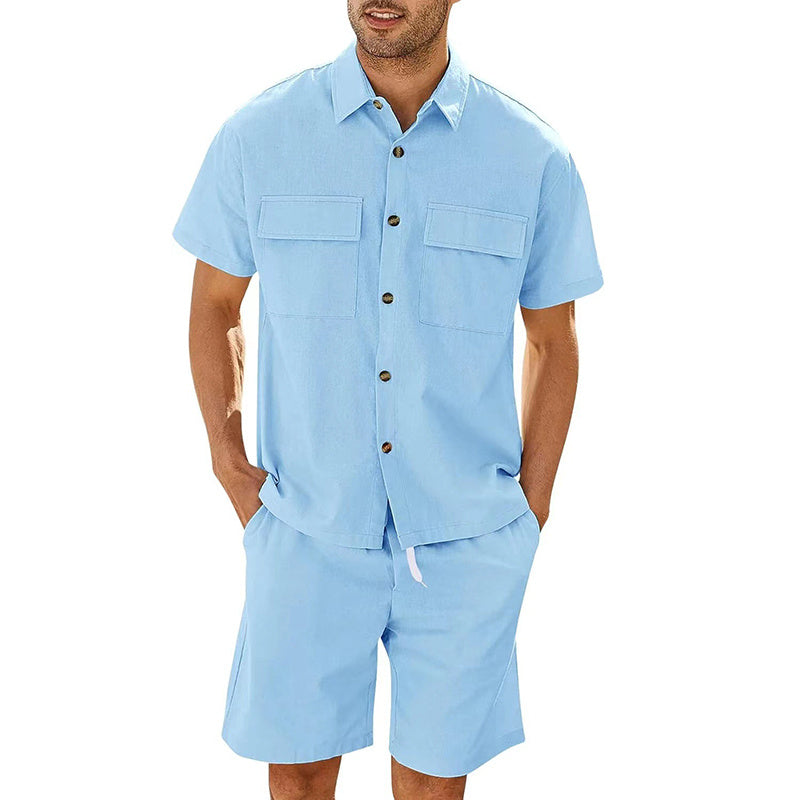 Completo Estivo Uomo - Camicia con Tasche e Shorts in Lino con Coulisse