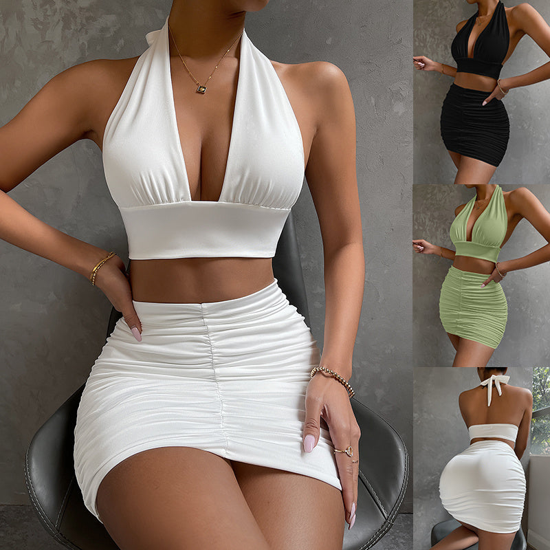 Completo 2 Pezzi Donna - Top Allacciato e Gonna a Pieghe