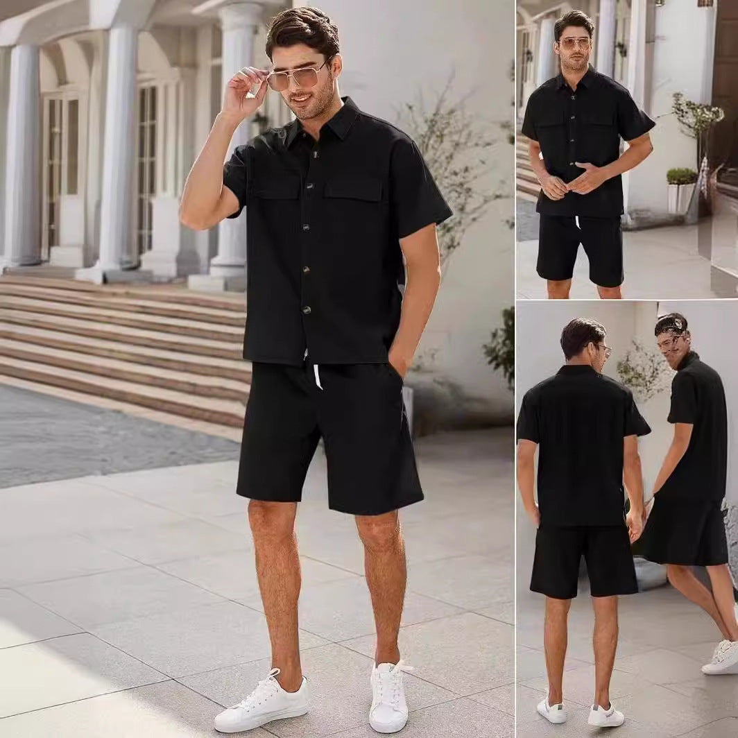Completo Estivo Uomo - Camicia con Tasche e Shorts in Lino con Coulisse