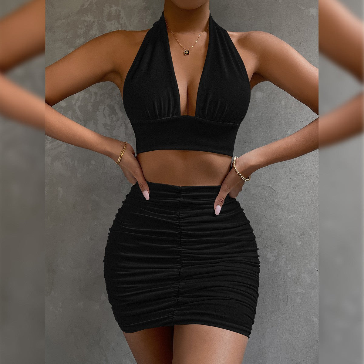 Completo 2 Pezzi Donna - Top Allacciato e Gonna a Pieghe